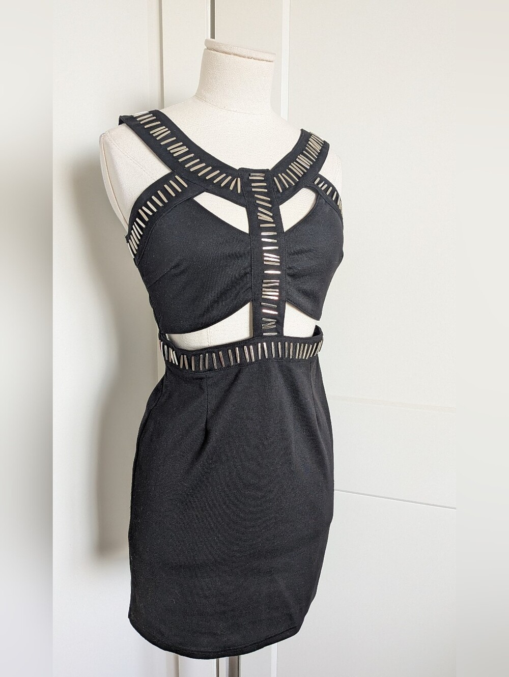 Reverse Y2K Vintage Black Cut Out Silver Metallic Beaded Bodycon Dress S